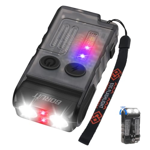BORUIT V20 LED Small Powerful EDC Flashlight with Clip,180°Head Swivels,Super Bright USB C Rechargeable Mini Pocket Keychain Flash Light with Red COB Light-14 Mode,IP67,Magnetic,110DB Buzzer(Black)