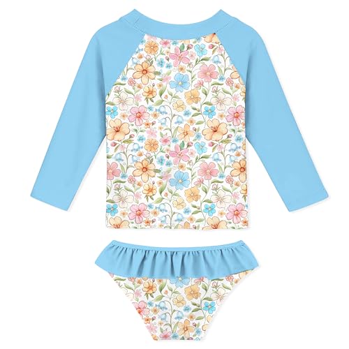 Image of Funnycokid Girls Swimsuit Toddler Bathing Suit Long Sleeve 2 Piece Rash Guard Set for Kids 2-10 Years
