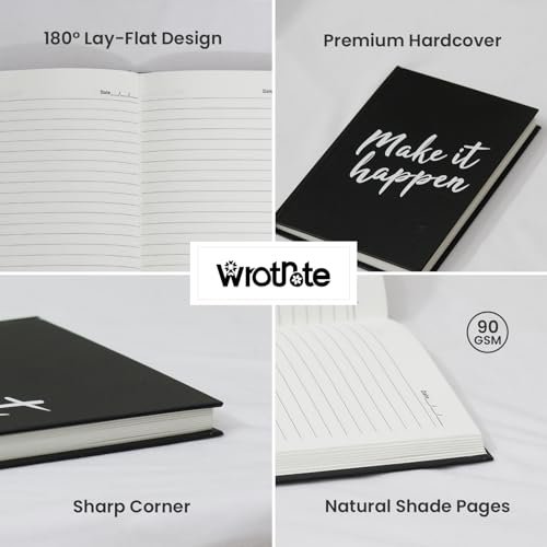 Image of A5 Hard Cover Diary, 160 Pages Ruled Notebook, 90 GSM Natural Shade Paper, Stylish Journal Diary for Women, Men, Students, and Office Use, Black Solid (Make It Happen)