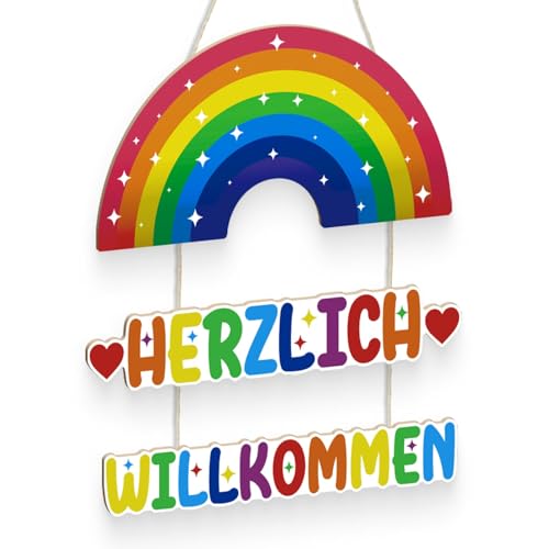 Putuo Decor Regenbogen Wanddeko, Herzlich Willkommen MDF Deko, Regenbogen Hängeschild für für...
