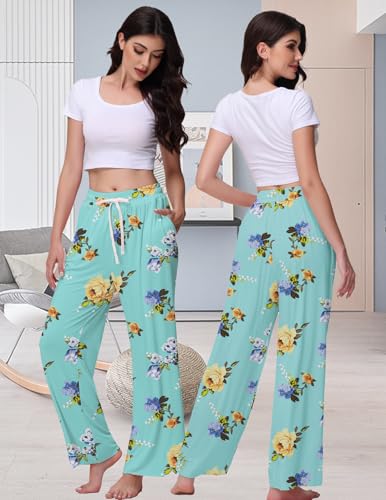 Image of Veseacky Women's Wide Leg Lounge Pants Yoga Pajamas Comfy Stretch Drawstring Pajamas Puls Size Dance Bottoms S-4XL