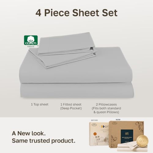 Image of Soft Natural 100% Cotton Sateen Deep Pocket Queen Sheets, 4 Pcs, Light Grey