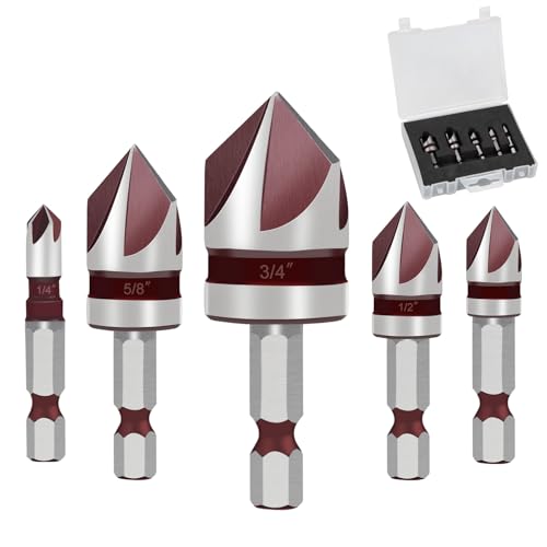 Countersink Drill Bit Set – M35 Countersink Bits, 82° Precision 5-Flute Design with 1/4" Hex Shank, Multi-Material-Countersink for Stainless Steel, Metal & Wood, Precision Countersink for Screws (5)