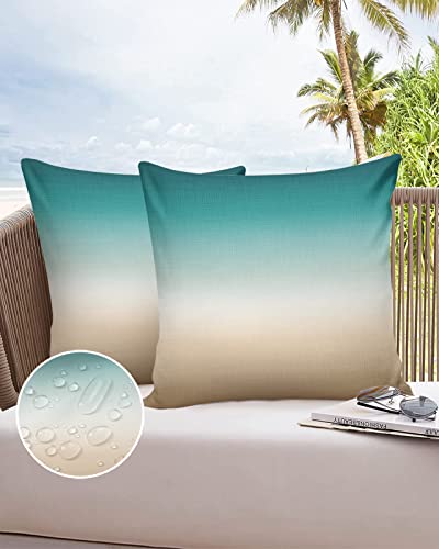Outdoor Pillow Covers Waterproof Teal Beige Ombre Cream All Weather Cushion Case Set of 2, Modern Turquoise Abstract Art Aesthetics Decorative Pillowcases for Sofa Couch Bed Decor Patio 18