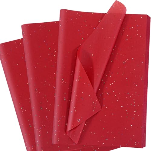 Glitzer Seidenpapier für Geschenktüten, 60 Blatt Rot Seidenpapier Verpackungsmaterial, Rot Bastelpapier mit Metallic-Folie, Glänzendes Geschenkpapier für Geburtstage, Weihnachten, 50 x 35 cm