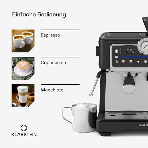 Klarstein GrandPresso Touch Siebträgermaschine Mit Mahlwerk – 20-Bar, 1350 W, Integriertes Präzisionsmahlwerk, Touchscreen, 2,3 L Wassertank, Dampfdüse, Edelstahl, Schwarz – Bild 5