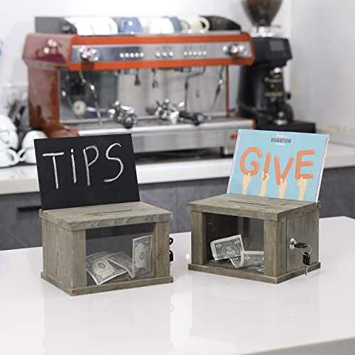 Mygift Set Of 2 Vintage Gray Brown Solid Wood Suggestion Box, Comment Box And Money Donation Collection With Lock, Key, And Interchangeable Acrylic And Chalkboard Sign Holder #TOP3