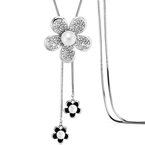Collar De Suéter Largo para Mujer, Collar con Colgante De Borla De Flor De Diamantes De Imitación Chapado En Plata, Joyería para Mujer, Regalos,Plata Cover