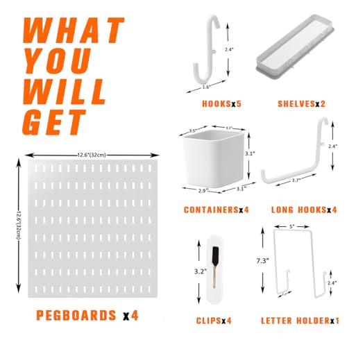 Peg Board Combination Kit, 4 Pegboards with 20 Accessories, Pegboard Wall Organizer for Office, Nursery & Home Storage, Key Holder, 25.6"x25.6" – Nail-Free Installation(White) - Image 4