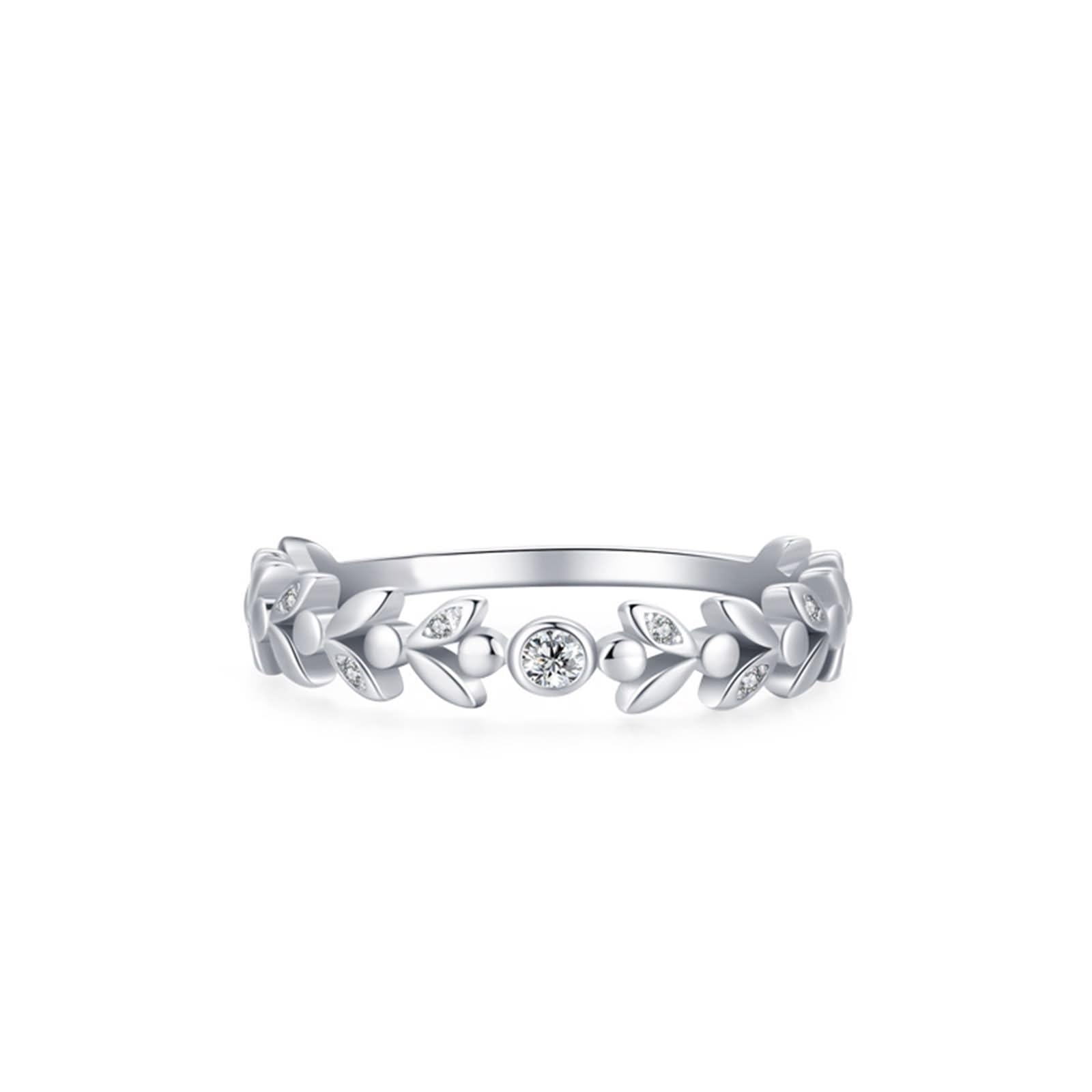 Promise Anello da donna per dito medio, semplice design floreale con moissanite circolare da 0,1 carati, oro bianco 9 K, misura 50 (15,9)