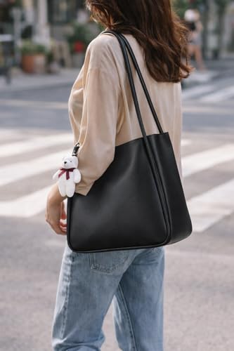Image of SIJJEEL Women's Handbag Synthetic Leather Shoulder Bag with Bear Charm Tote One Size Women's Shoulder Bag Faux Leather Tote
