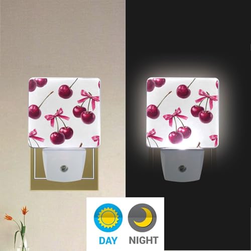Image of Cherry Pink Bow Pattern Night Lights 2 Pack Plug-in Wall Led Nightlight Auto Dusk-to-Dawn Sensor Lamps for Bedroom Kitchen Bathroom