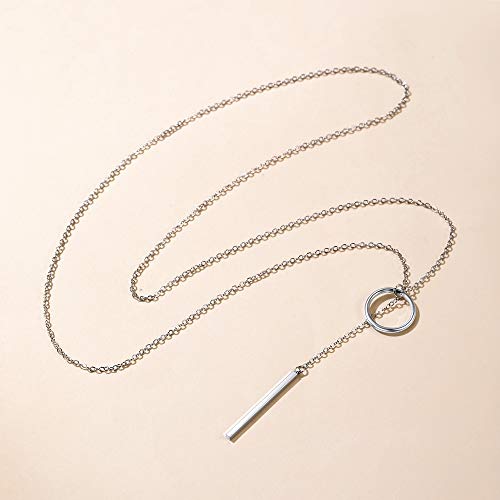Bar Long Necklace Lariat Open Circle Y Pendants, Simple Minimalist Choker Collarbone Chain Charms Jewelry -Silver Color4