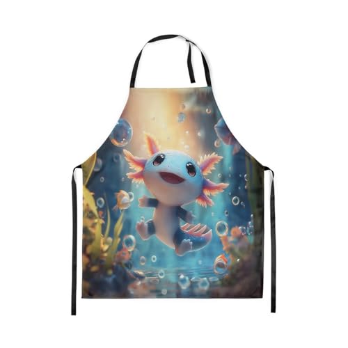 Homewish Cartoon Axolotl Küchenschürze 78x66 Unterwasserwelt Schürze Amphibien Salamander Kochschürze für Jungen Kinder Jugendliche Kawaii Pflanzen Wasserpest Blasemuster Zum Kochen Küche Backen