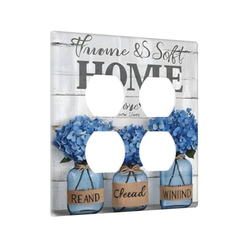 Decorative Outlet Covers Blue Flower Bottles Wood Plank 2 Gang Wall Plate Cover Double Duplex Receptacle Two Switch Light Switch Cover Plate Jumbo Dual Faceplate