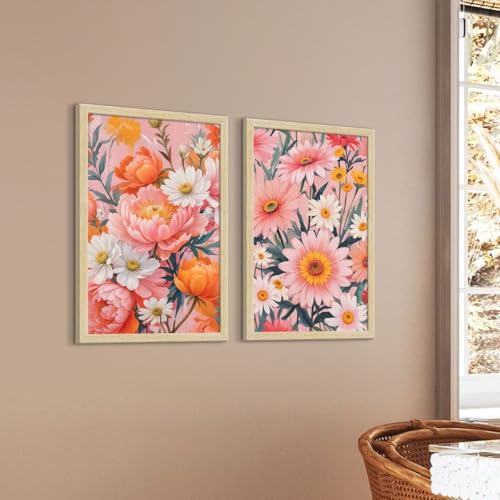 Image of ArtX Paper Floral Art Paintings with Frame for Home Decor, Wall Painting for Living Room, Multicolor, Natural Wood Color Frames, Set of 2
