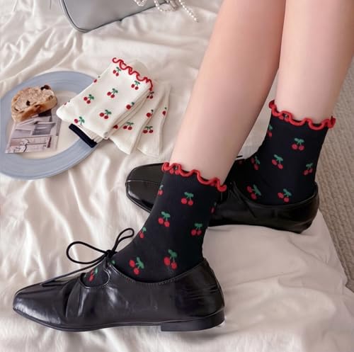 Image of Women's Cute Crew Socks, Casual Athletic Cotton Bowknot Cherry Calf Novelty Socks for Women