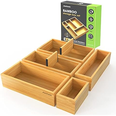 ANTOWIN Upgraded Bamboo Drawer Organizer, Desk Storage Box, Office Stationery Storage Boxes Divider for Makeup, Keys, Phone, Wallet, Coin, Jewellery Cover