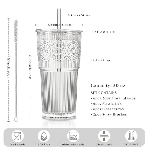 Image of INSETLAN 20 oz Ribbed & Floral Glass Tumbler with Straw, Set of 6 Cups | Iced Coffee Cups with Lids, Reusable Drinking Glasses for Water, Smoothies, Tea, and Juice - Ideal for Travel & Daily Use