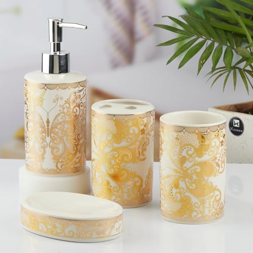 Image of SaSaSa Ceramic Bathroom Accessories Set of 4 Modern Bath Set with Soap Dispenser & Toothbrush Holder, Luxury Home & Gift Idea, Gold (10378)