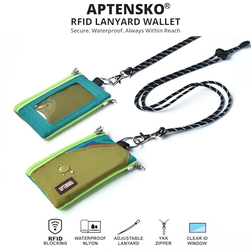 Image of RFID Blocking Travel Wallet with Adjustable Lanyard, Small Nylon Zipper Pouch and Badge Holder for ID, Credit Cards, Cash, Keys, Commuters (OliveGreen+Turquoise)