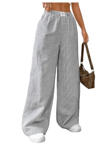 WDIRARA Women's Striped Print Elastic Waist Pants Wide Leg Loose Fit Casual Trousers
