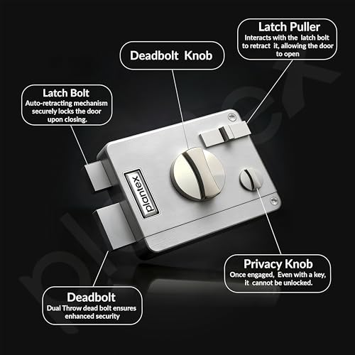 Image of Plantex Heavy Duty Night Latch Door Lock with Key & Knob for Main Door /Twinbolt Lock for Home,Hotel,Office /Deadbolt Lock with 5-Years Warranty (Satin White & Chrome)