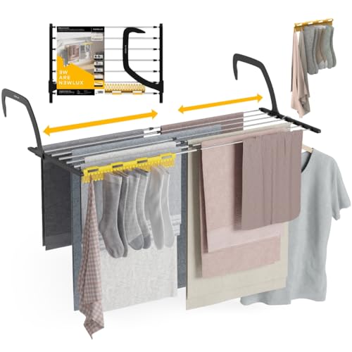 Newlux - Tendedero Balcón Extensible Flex V9 de Acero INOX (+/- 52.5-92,5x35x17cm). Tendedero barandilla Plegable con Capacidad 9M y 7kg. Accesorio Calcetines. Ideal Interiores y Exteriores, Negro