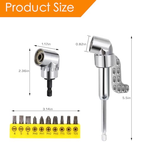 105 Degree Right Angle Drill Adapter, 2025 Upgrade Right Angle Drill Attachment with Multi-function Bend Screwdriver Bit, 1/4\" Hex Shank Corner Tool Screw Hub for Household Work (Long+Short)