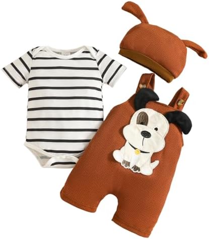 LUJENGEFA Baby Boy Outfit Clothes Set Stripe Overall Tops + Adjustable Suspender Pants +Hat Brown 0-3 months