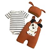 Design: il 3 pezzi completo per neonato include una maglietta a maniche corte a righe in colori a contrasto, pantaloncini con bretelle e una salopette stampata con motivi di animali in 3D come cucciolo, orso e scimmia. Le spalline regolabili garantiscono una vestibilità comoda e sicura. Il cappellino con le orecchie da cartone animato aggiunge un tocco di dolcezza, i vostri piccoli lo adoreranno!