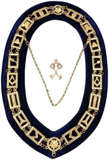Masonic Blue Lodge Officer Chain Collar Navy Blue Velvet Gold-Plated Chain + Masonic Officer Jewel
