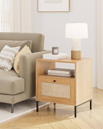 Image of Extra Large Nightstand Rattan Night Stand,Modern Side Table Boho Farmhouse Wood Bedside Table with Storage Drawer and Open Shelf,Large End Side Table for Bedroom,Living Room,Office(Natural)