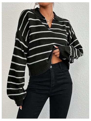 OYOANGLE Women's Striped Knit Sweaters Lapel V Neck Long Sleeve Crop Pullover Jumper Tops2
