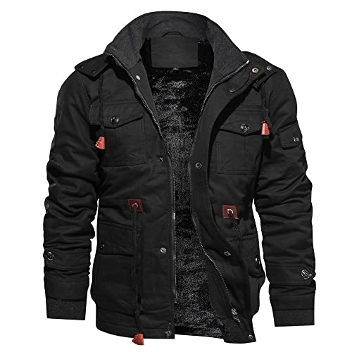 Autumn and Winter Men's Jacket-Casual Faux Fur Lined Waist Drawstring Cargo Warm Hooded Cargo Coat Jacket
