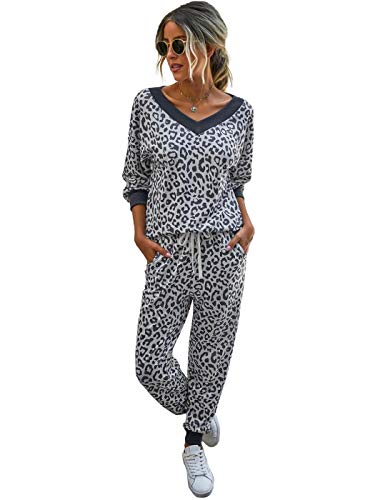 Anna-Kaci Women's 2 Piece Leopard Print Long Sleeve Tops and Pants Set with Pocket, Dark Grey, Large