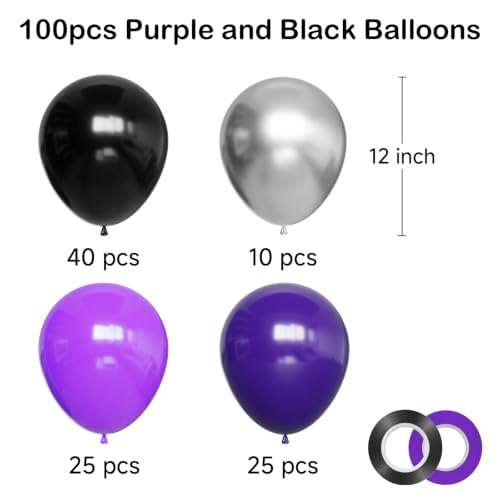 Image of YMSZ Purple Black and Silver Balloons, 100pcs Halloween Party Balloons