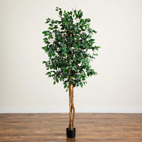 Image of Nearly Natural 74in Artificial Triple Trunk Ficus Tree, Faux Greenery with Natural Wood Trunks for Indoor Home Decor