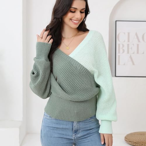 Image of Women's Wrap V Neck Knit Sweaters Batwing Long Sleeve Cross Front Drop Shoulder Fall Pullover Tops