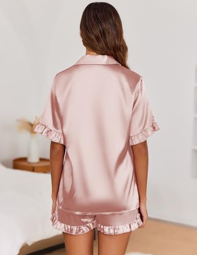 Image of Ekouaer Satin Pajama Set for Women 2 Piece Pj Sets Short Sleeve Sleepwear | Super Soft Silky Summer Loungewear Set with Ruffle Short Sleeve Top and Pocket Shorts, Casual Travel Daily Gift