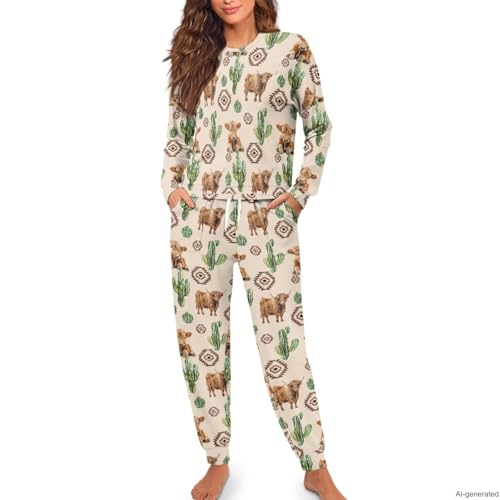 Image of Women's 2 Piece Printed Pajama Set Long Sleeve Sleepwear Set with Long Pants Casual Lounge Sets with Pocket