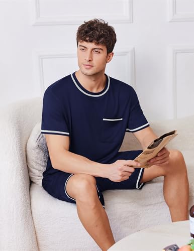 Image of Ekouaer Men's Pajamas Set Casual Short Sleeve Shirts and Shorts Soft 2 Piece Loungewear With Pockets