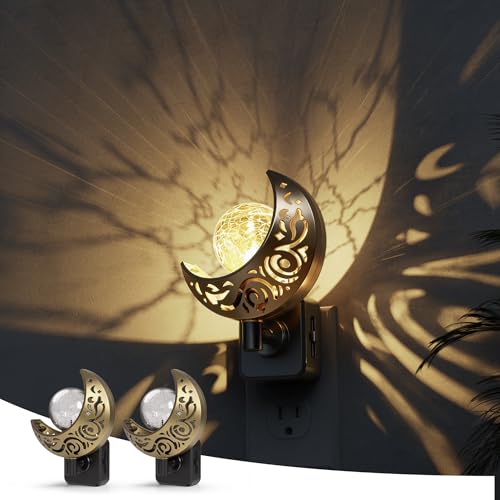 Image of L LOHAS LED Night Lights Plug into Wall: 2 Pack Moon Sphere Decor Landscape Night Light, Dusk to Dawn Sensor Glass Globe Nightlight, 0-100LM Dimmable, for Bedroom Living Room Hallway