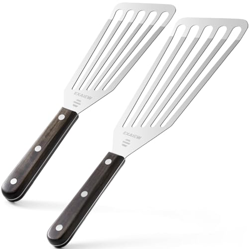 2 Pack Fish Spatula Stainless Steel, Flexible Fish Turner Spatula Perfect for Flipping Eggs, Burgers and Baking, Durable Lightweight Metal Kitchen Slotted Turner for Cooking & BBQ [Wooden Handle]