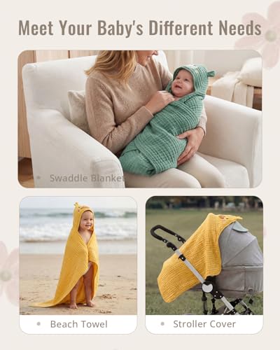 Image of Blissful Diary Muslin Baby Hooded Towel 2 Pack, Soft & Absorbent Bath Towel for Infant, Toddler, Unisex, Baby Gift, Newborn Essentials, Smart Bear & Sunny Duck