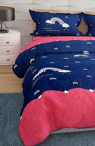 Image of Kids Rainbow Clouds Design Queen Size Elastic Fitted Bedsheet for Kids Room, Bedroom, Living Room, 90x100 inches, Set of 1 pc of Bedsheet & 2 Pillow Covers, Blue Pink