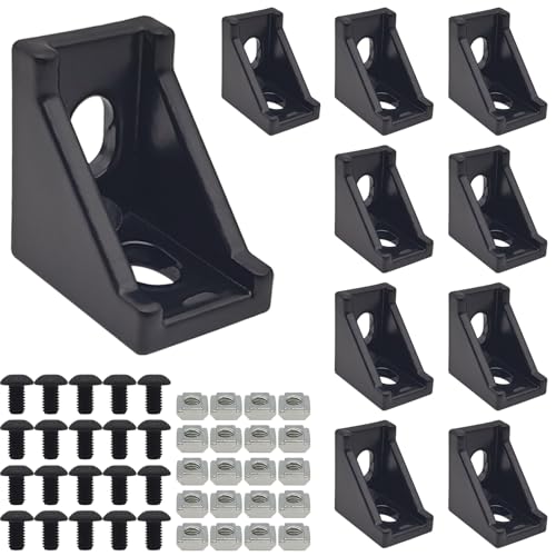 AYWFEY 10Set Black 2020 Series Aluminum Extrusion Profile Connector, 20mm x 28mm x 28mm L-Shaped Corner Brackets with 40Pcs M5 T Slot Nut and Hex Bolt for 6mm 20S Aluminum Profile Rail Accessories