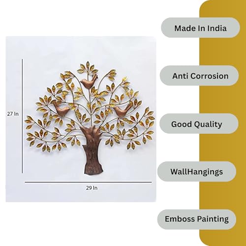 Image of Bharat Art Metal Iron 3 Bird Tree Golden Decorative Wall Art /Wall Sculpture for Home, Living Room, Bedroom, Hotels, Office, Cafe etc. - Multicolor (30 x 1 x 30 Inch)