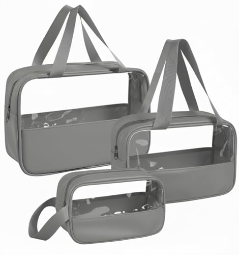 Image of KBS Toiletry Kit Cosmetic Makeup Storage Organizer Clear Styilish Wash Bag Pouch Set of 3 for Travel Luggage Transparent with Metal Zipper Gift for Men Women Girls (Grey)