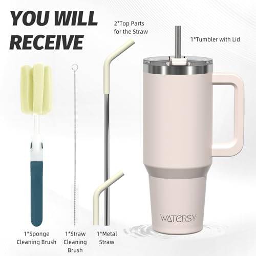Image of 40 oz Tumbler with Handle,Tumbler with Lid and Straw,Double Wall Insulated Cup Stainless Steel Travel Mug(Cold for 34 Hours),Water Bottle for Iced Tea,Coffee,Cold Beverages(Ivory Beige)